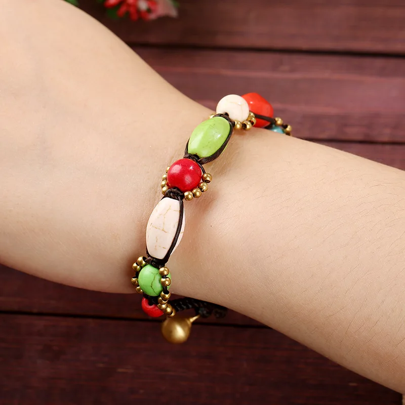 

Trendy Handknit Adjustable Charm Bracelet For Women Turquoise Copper Beaded Hand Chain Femme Tourism Leisure Bangle Jewelry