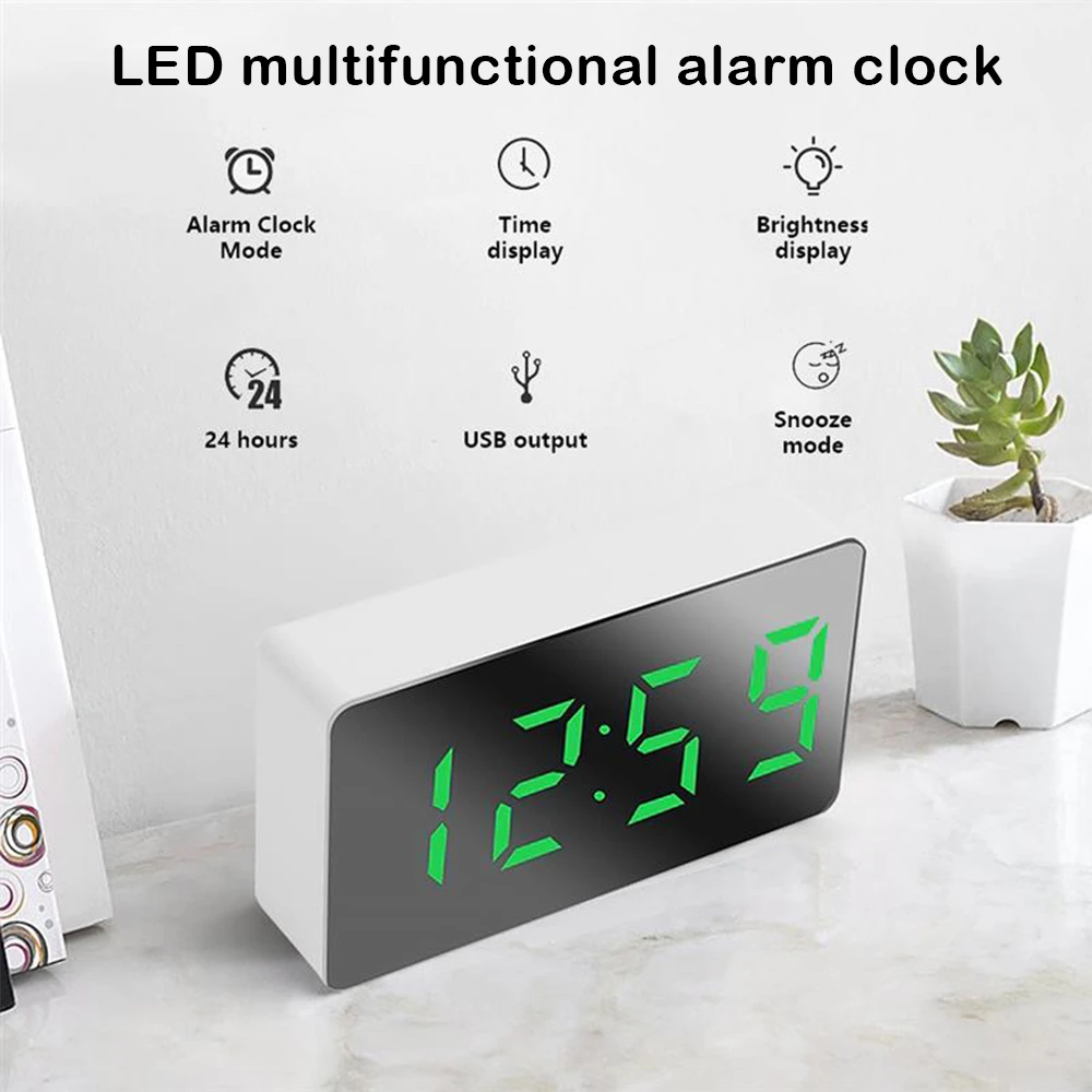 

LED Digital Alarm Clock USB Snooze Mirror Display Date Time Temperature Night Light Desktop Table Watch Clocking Home Decor