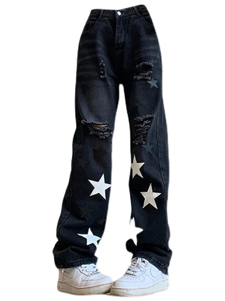 

Женские рваные джинсы со звездами, винтажные мешковатые брюки из денима с широкими штанинами, уличная одежда в японском стиле Харадзюку, Y2k
