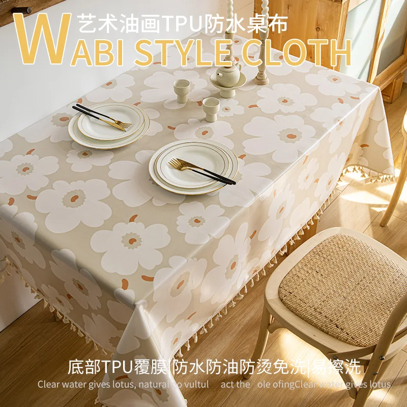

Table cloth is washable, waterproof, oil resistant, and scald resistant. Table cloth is rectangular in shape