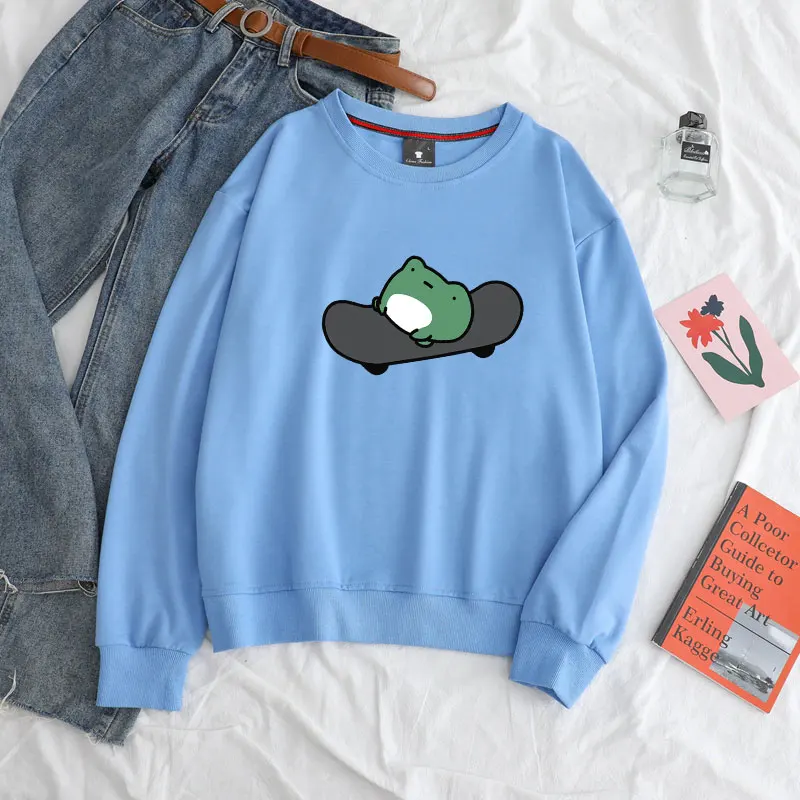 

Женская одежда Harajuku толстовки осень-весна тонкие Круглая шея скейтборд лягушка с мультяшным принтом унисекс Kawaii y2k женские толстовки