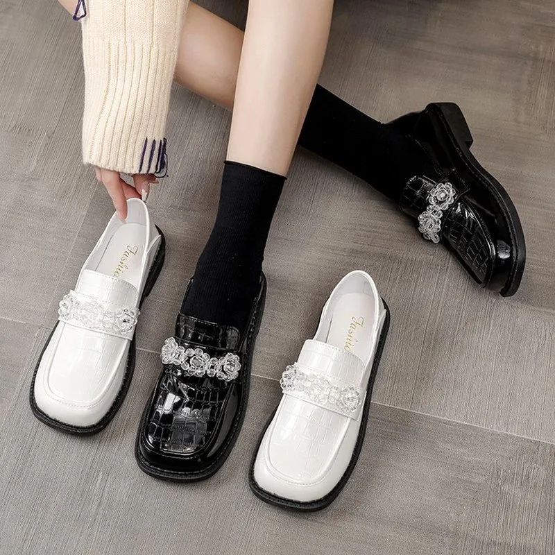 

Women's2022Spring British Patent LeatherShoes Retro College Style ThickBottom All-match Loafers Printed Low-heeled Women's Shoes