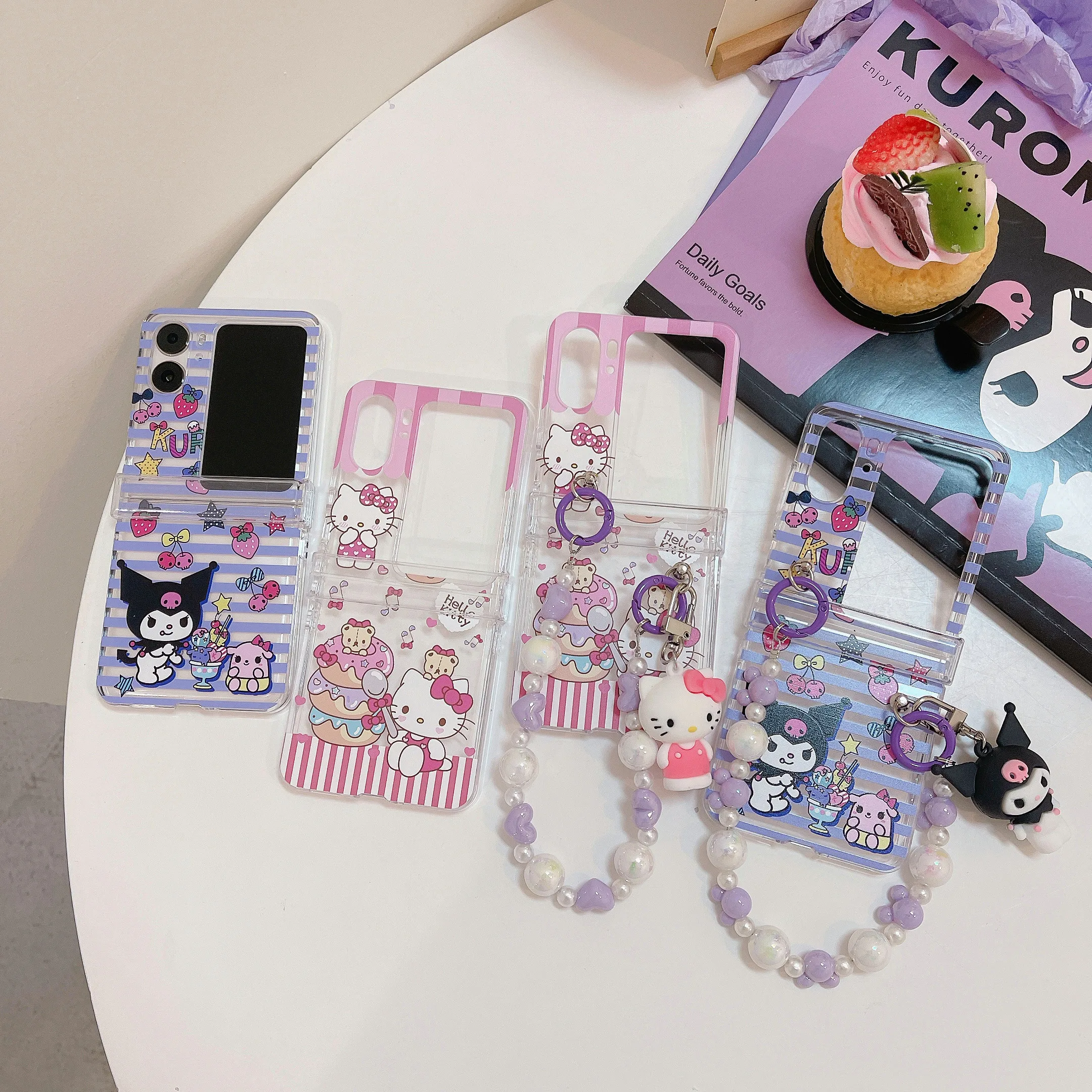 

Cute Sanrio Hello kitty Kuromi 3D Doll Hand Chain With Doll Pendant Phone Case For OPPO Find N2 Flip Shockproof Cover