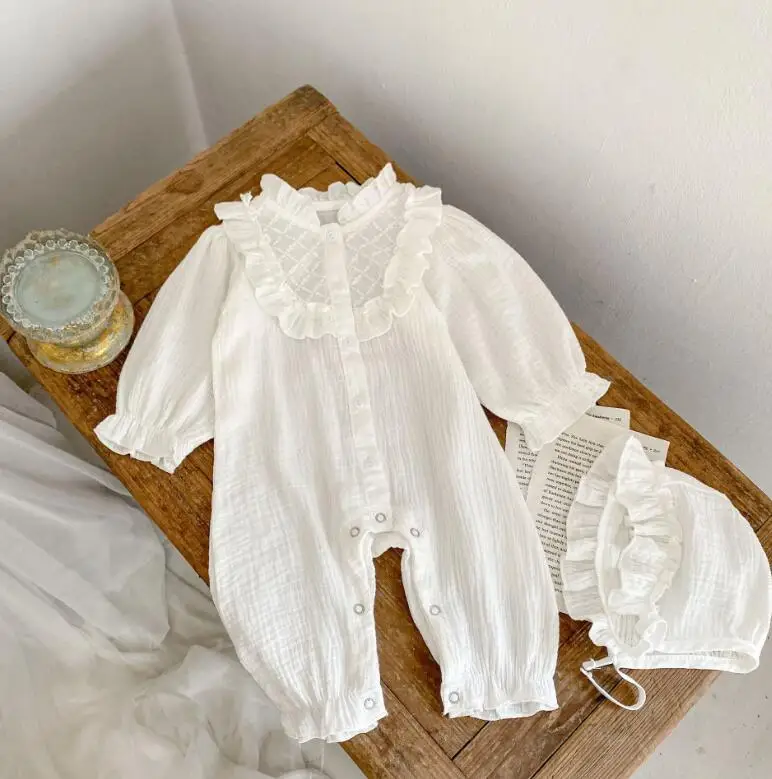 

New Baby Kids Boutique Spring &Fall White Long Sleeve Romper 0-2T