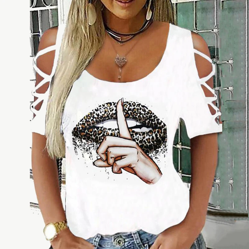 

2022 casual white fashion t-shirt lips print loose o-neck hollow out strapless short sleeve elastic stretched tshirt summer tops