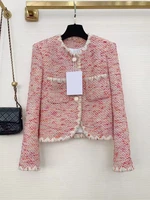 2022 spring autumn brand designer pink wool blend jacket women round neck single breasted short tweed jacket coat outwear