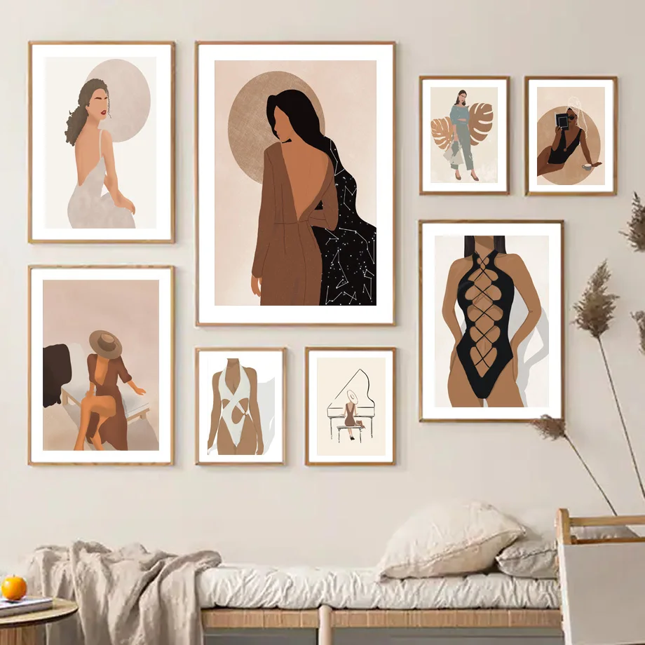 

Nordic Poster Abstract Swimsuit Pajamas Dress Woman Play Piano Wall Art Prints Canvas Painting Decor Pictures For Living Room