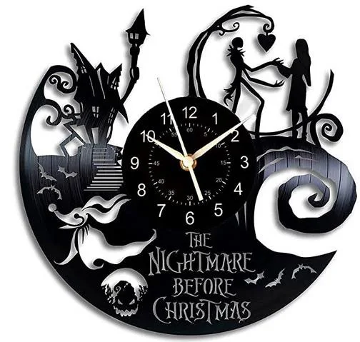 Nightmare Before Christmas Theme Vinyl Record LED Clock 3D Mute Hanging Wall Clock Creative Antique Style Halloween Clock