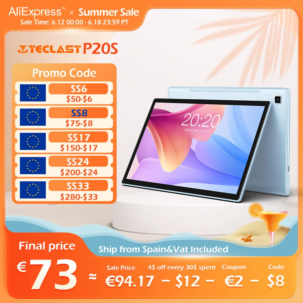 Планшет Teclast P20S 10.1 дюйма Android 12 4 ГБ ОЗУ 64 ГБ ПЗУ 1280X800 IPS MTK P22 Octa Core Двойные камеры 4G сеть Wifi GPS Type-C.