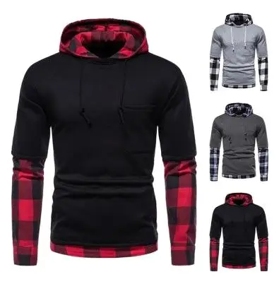 

Men autumn and winter new casual hoodie fashion checkered color fake 2 hoodies