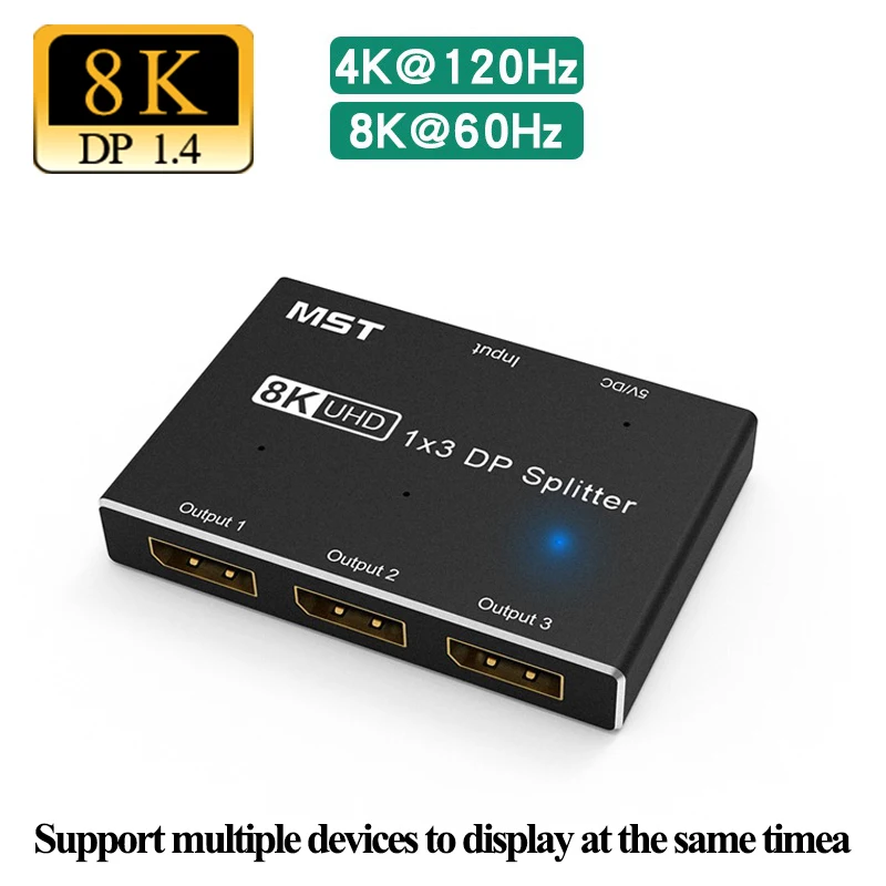 8K DP Splitter DisplayPort 1 in 3 Out 8K@60Hz 4K@120Hz DP 1.4 Multi Monitor Triple Splitter MST SST Hub Adapter 1*3 Port