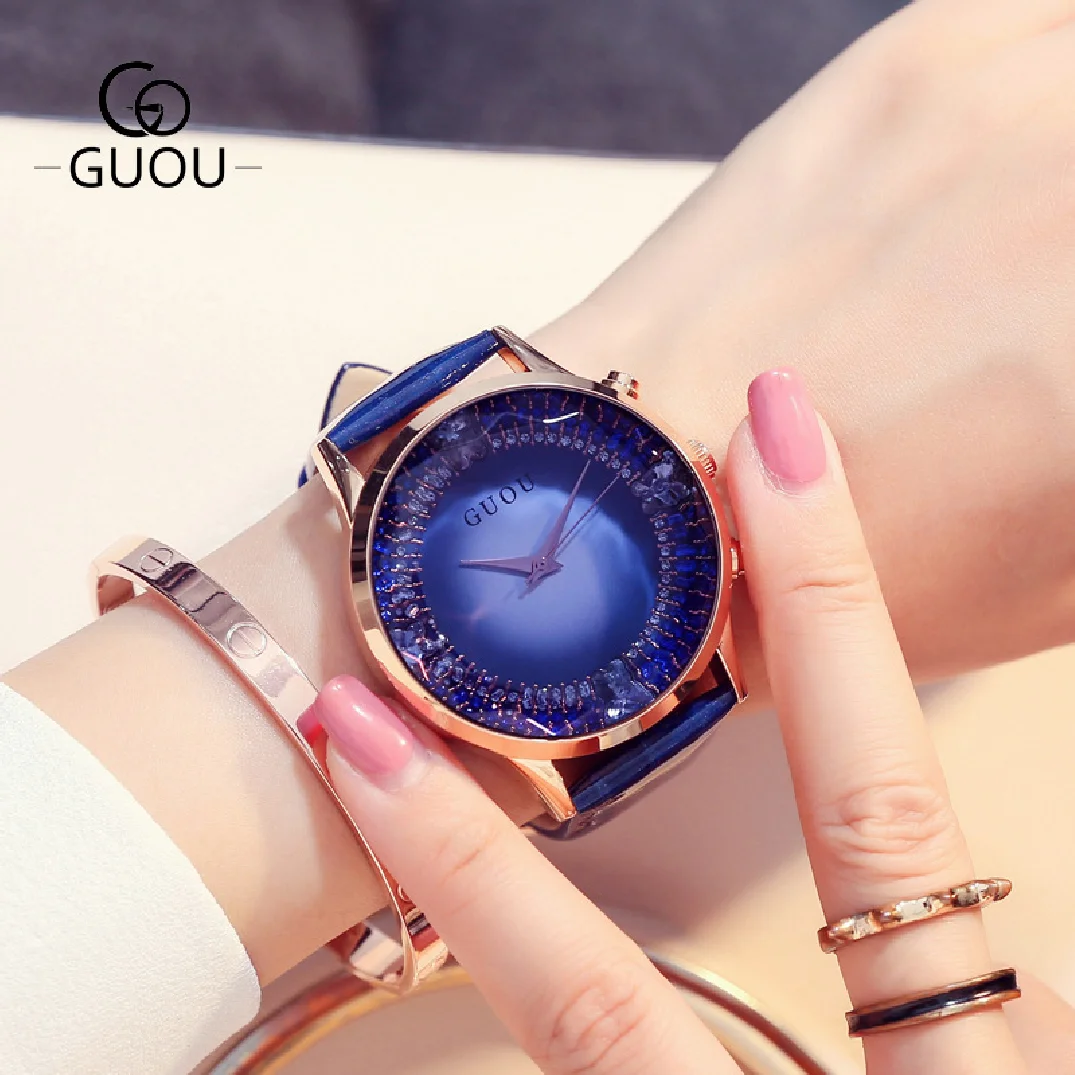 Fashion Guou Hk Top Brand Womens Watches Luxury Big Dial Quartz Genuine Leather Strap Waterproof Casual Gift Clock Reloj Hombr enlarge