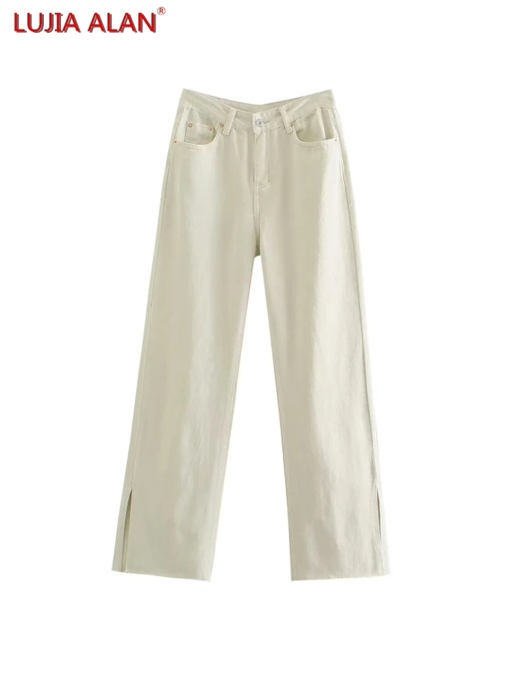 

Women Side Slit Denim Straight Pants Hot Sale Female High Waist Trousers Casual Loose Streetwear LUJIA ALAN P3119