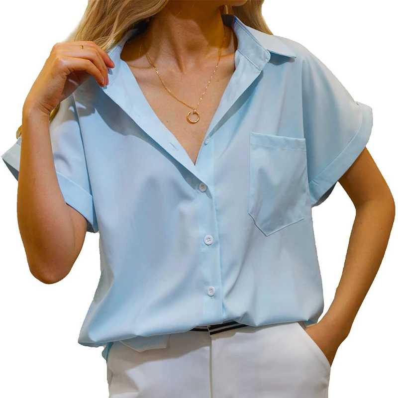 

2022 Summer Women's New Solid Color Shirts Casual Short Sleeves Lapel Single Breasted Ladies Shirts Tops with Pockets Z2022