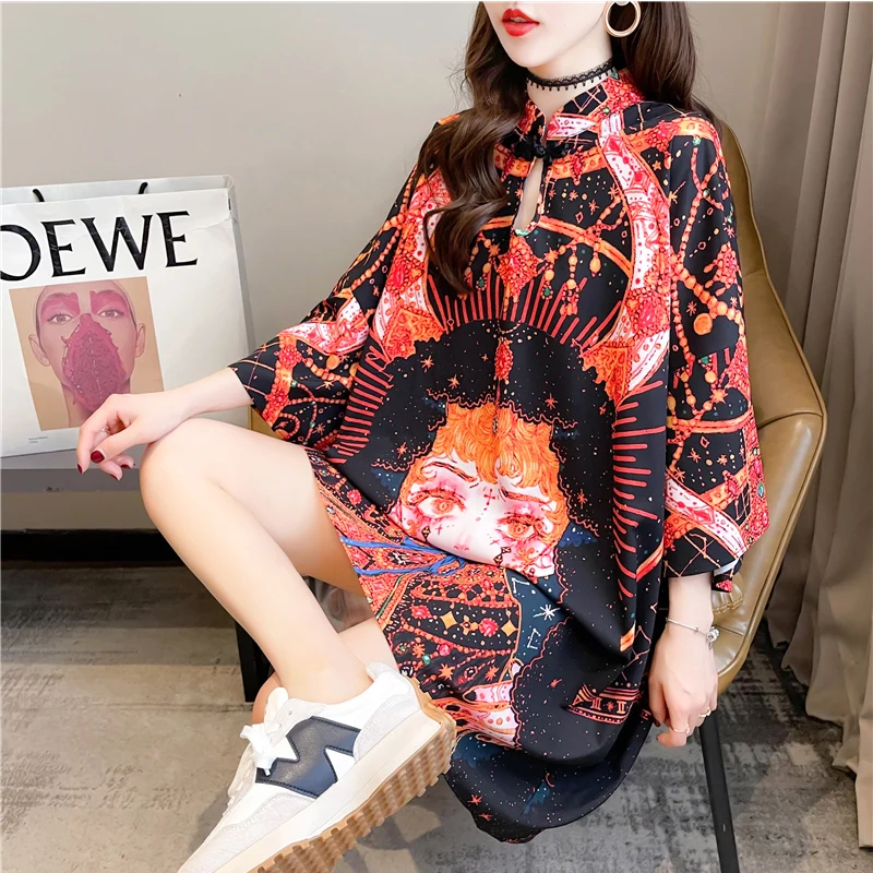 

Summer Overszied T Shirt Dress Cartoon Print Gothic Chinese Style Shirts Pullover Half Sleeve Straight Mini Dresses for Women