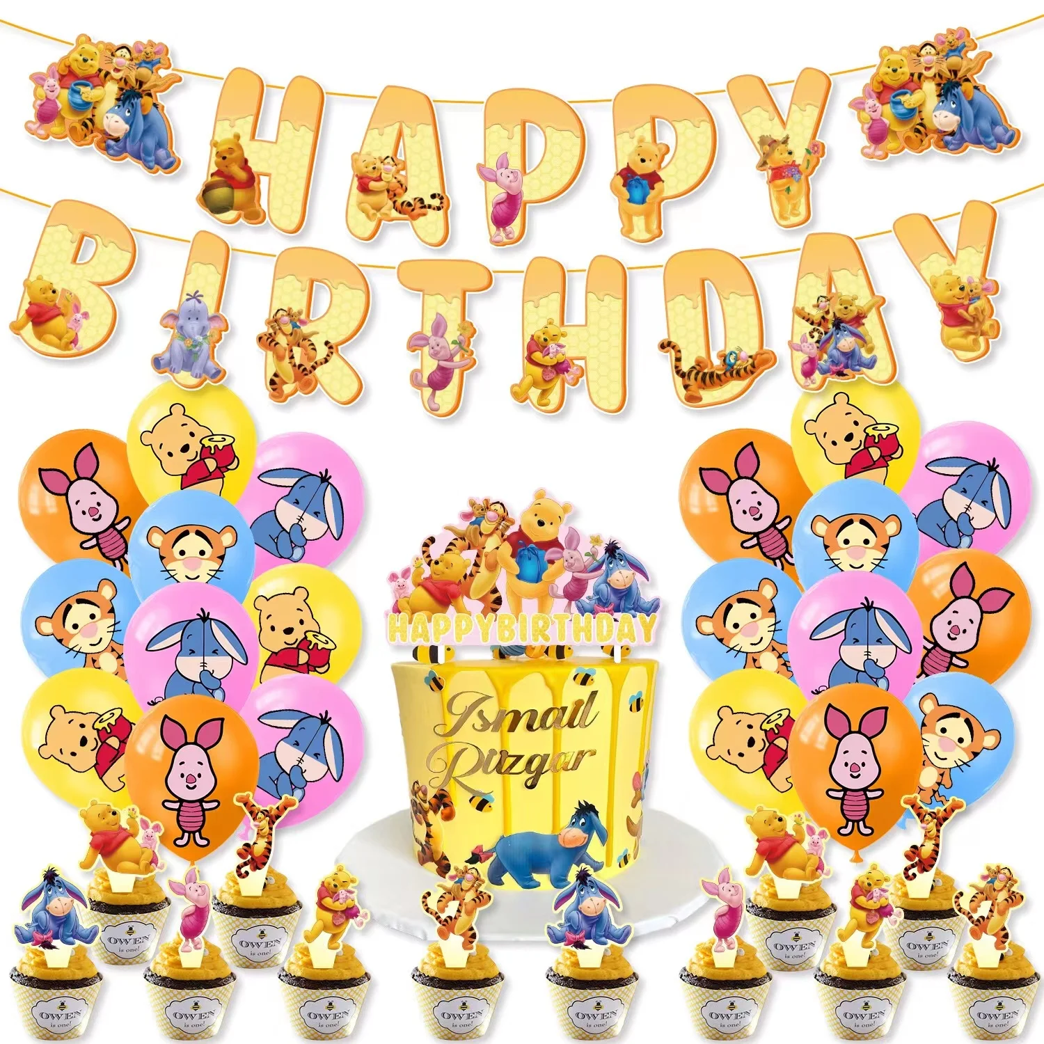 Winnie The Pooh Bear Party Decoration Happy Birthday Cute Winnie Banner Cake Topper Balloon Baby Shower Bear Party Supplies