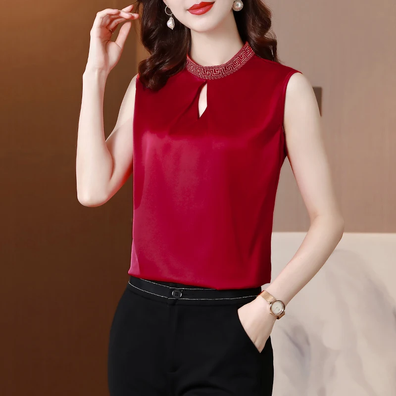 

Korean Summer Women's Shirt Chiffon Blouses for Women Sleeveless Solid Shirt Chinese Stand Neck Blouse Female Embroiderey Shirts