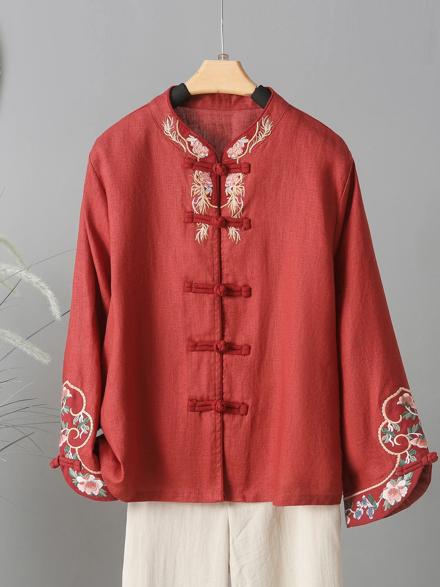 Рубашки из хлопка и льна с вышивкой в китайском стиле женская осенняя одежда