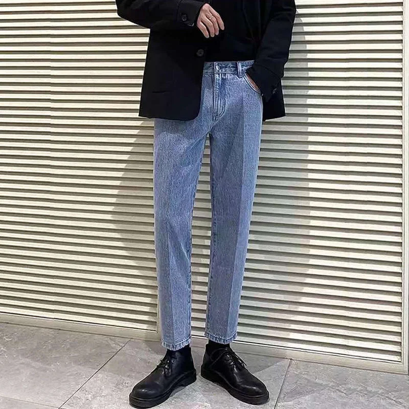 

Джинсы мужские повседневные, модные облегающие мешковатые брюки из денима, винтажные прямые ковбойские брюки светильник-голубого цвета, уличная одежда в Корейском стиле