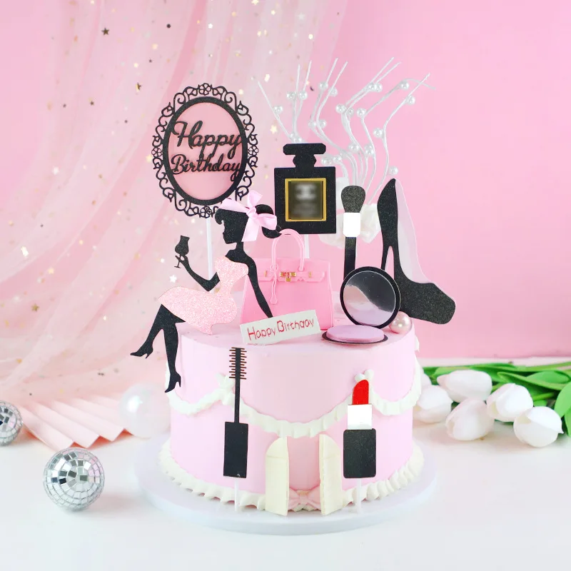 

Happy Birthday Cake Topper Queen Lady Theme Cake Decoration Perfume High Heels Lipstick Cosmetics Party Supplies Favors