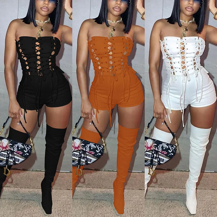 2022 Spring Women Jumpsuit Strapless Slash Neck Bandage Cross Slim Bodycon Romper Women Jumpsuit Overalls