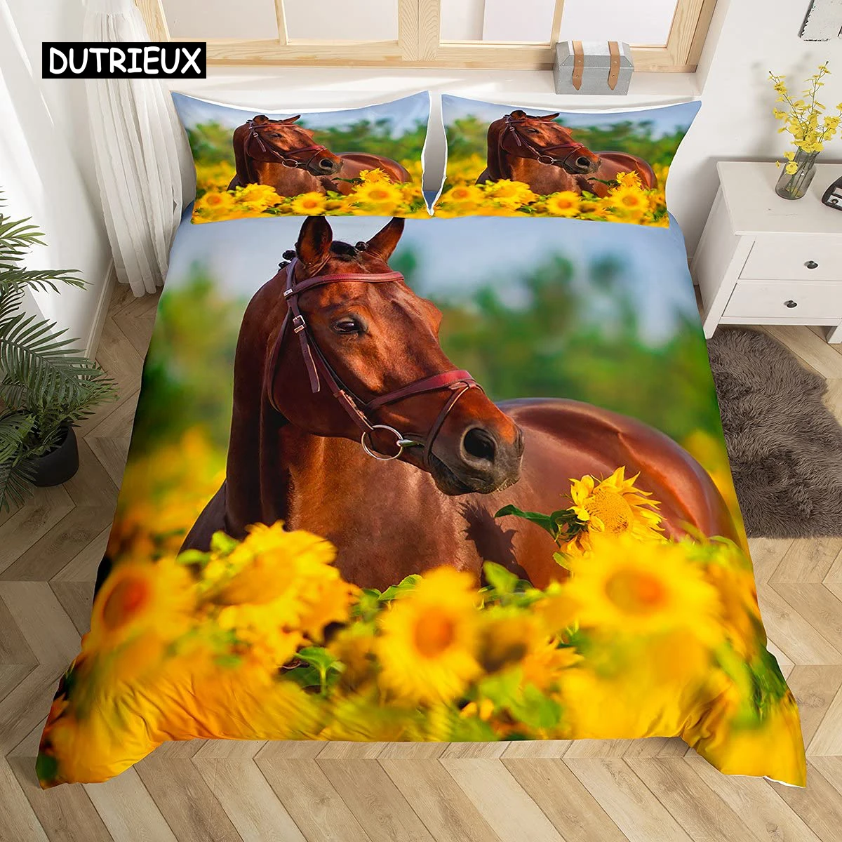 3D Horse Duvet Cover King Queen Size Yellow Sunflower Bedding Set Floral Animal Theme Quilt Wildlife Soft Comforter