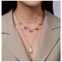 2022 trendy multilayered butterfly pearl necklace for women punk vintage layered portrait coin pendan necklace set jewlery