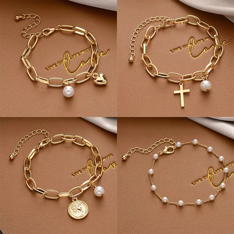 Hiphop/Rock Bracelets for Women Men String of Beads Accessories Trend Vintage Simple Female Love Cross Pendant Party Jewelry