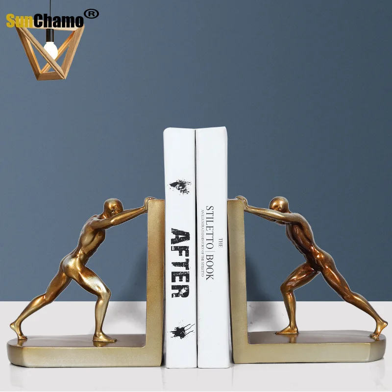 

1 Pair Decorative Book Shelf Bookends Golden Man Pushing Books Support Stopper Ornaments Resin Craft Home Cabinet Decor Sunchamo