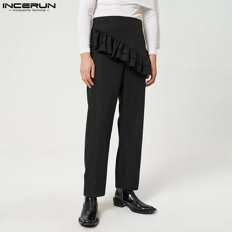 

Fashion Casual Style Pants INCERUN New Men's Solid Comfortable Pantalons Stylish Party All-match Splicing Ruffle Trousers S-5XL