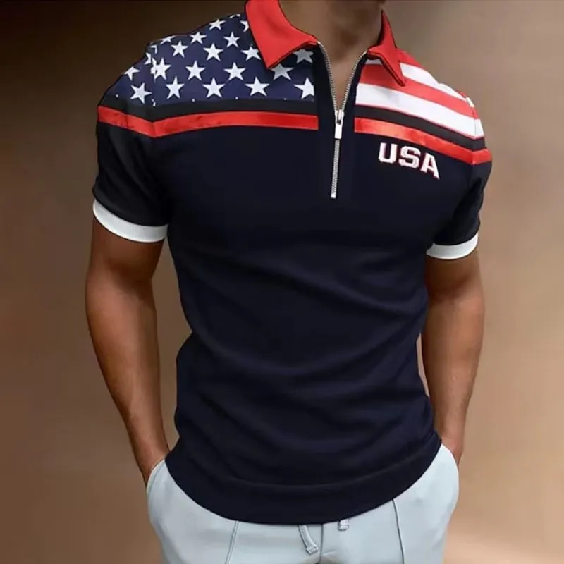 

Summer Business Casual Men's POLO Shirt High-Quality Striped Print Zipper Shirt Casual Breathable Men's T-Shirt Men's Top 2023