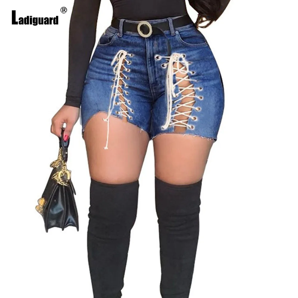 Ladiguard Sexy Lace-up Denim Shorts Women High Cut Fashion Zipper Pockets Short Jeans 2022 New Summer Vintage Short Pants femme