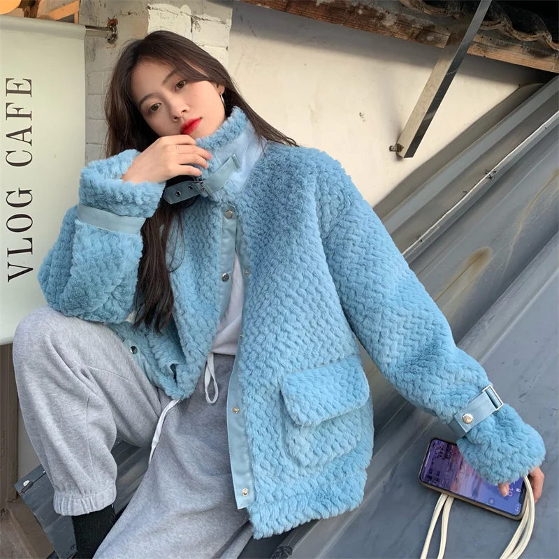 

Korean Fashion Faux Fur Jacket Women Luxury Stand Collar Lamb Wool Coat Female Winter Elegant Single Breasted Sreetwear