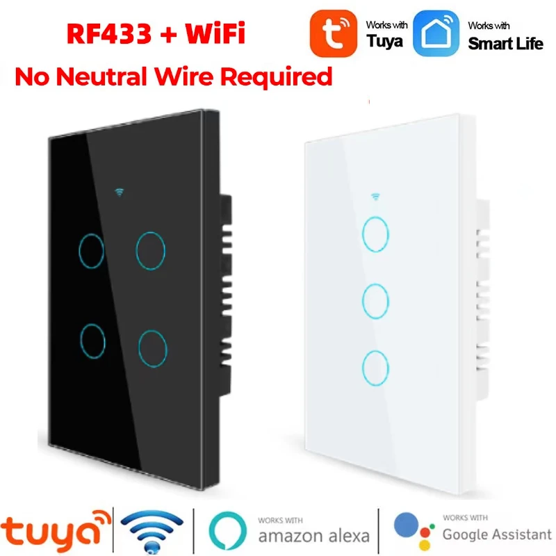 

Tuya US WiFi Smart Touch Light Switch Panel No Neutral Wire Required Smart Home Glass Wall Light Switch For Alexa Google Home
