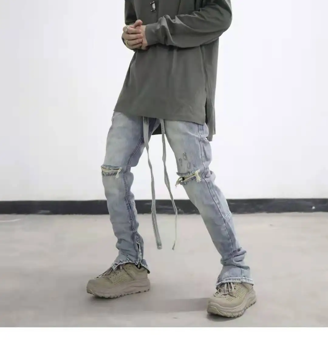 High Street Bieber with the same long streamer wash water to make old hole trousers zipper Korean fashion slim skinny jeans
