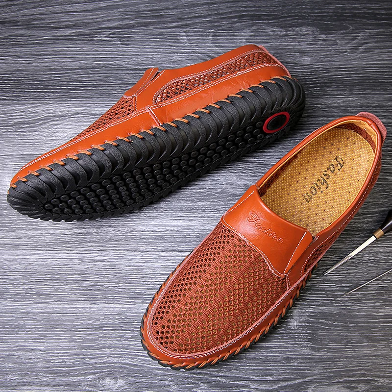 

Handmade Men Shoes Casual Luxury Brand Summer Mens Loafers Genuine Leather Slip on Moccasins Hollow Out Breathable Driving Shoes