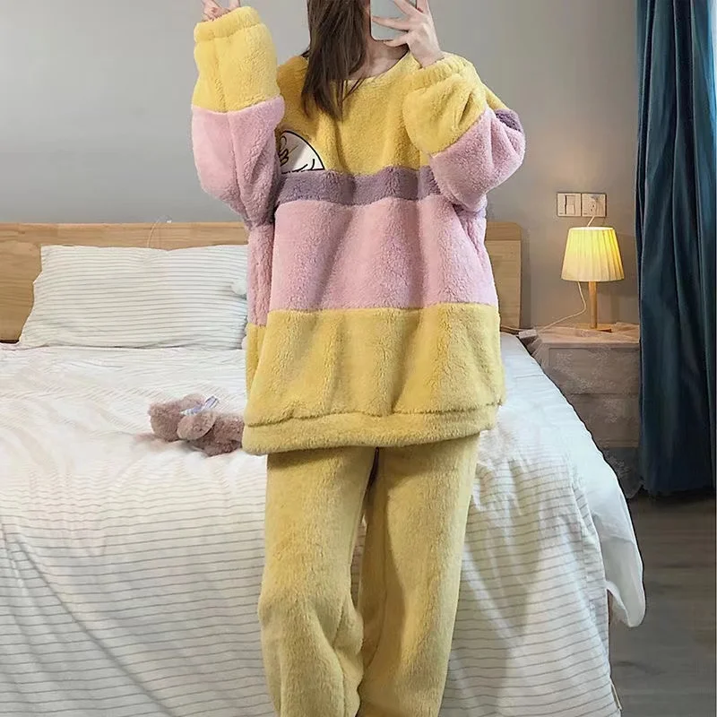 2022 New Pajamas Sets For Women Winter Thick Warm Flannel Sleepwear Round Neck Long Sleeve Trousers Pijama Suit Female