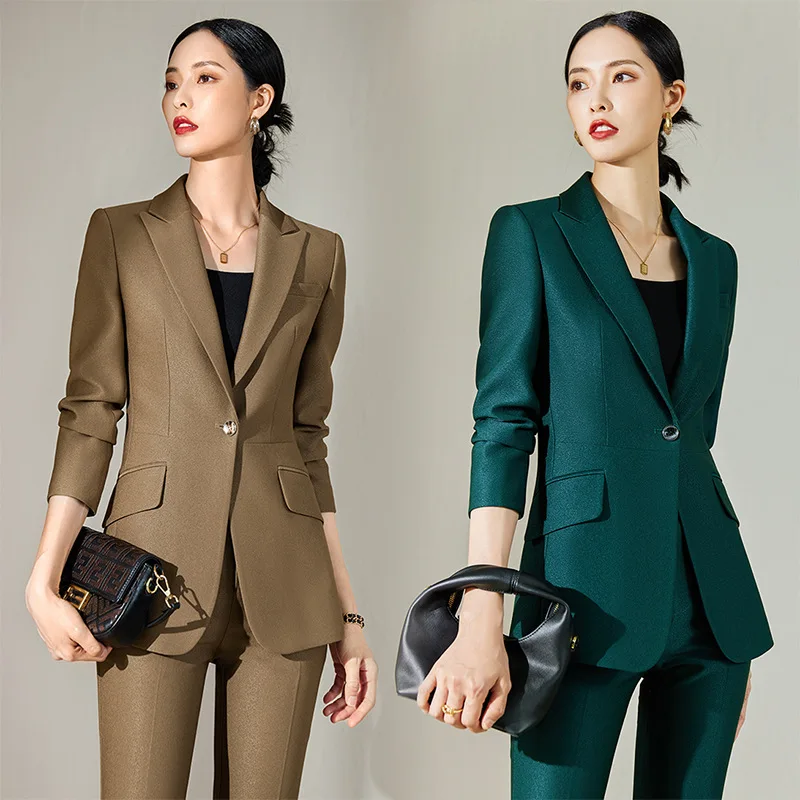 Long Sleeve Fabric Solid Color Business Wear Fashion Temperament Commute Green Work Uniforms Khaki Business Suit