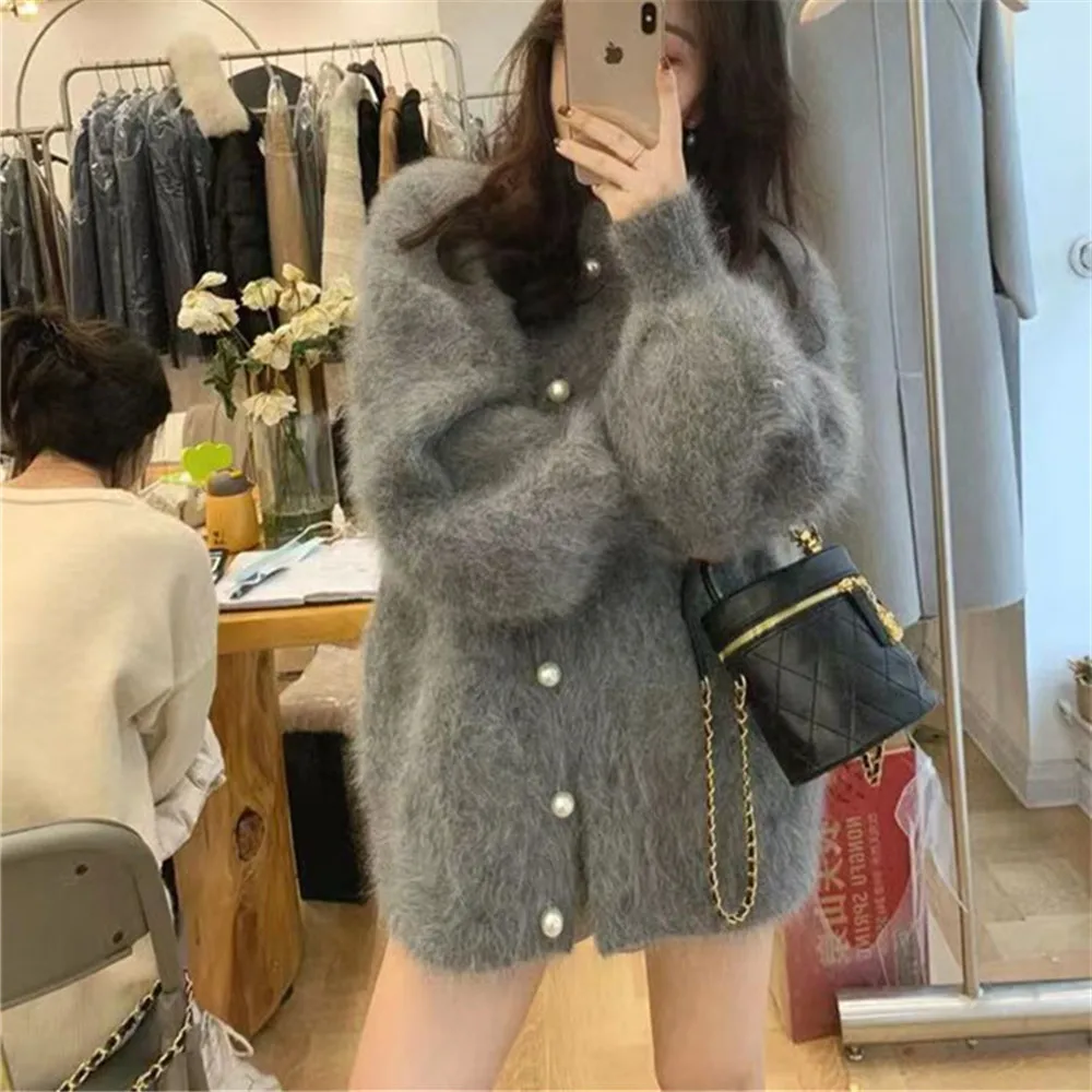 

2023 Autumn Winter Women Jumpers Oversized Casual Pearls Single Breasted Jackets Warm Knitted Mink Cashmere Cardigans Sweater