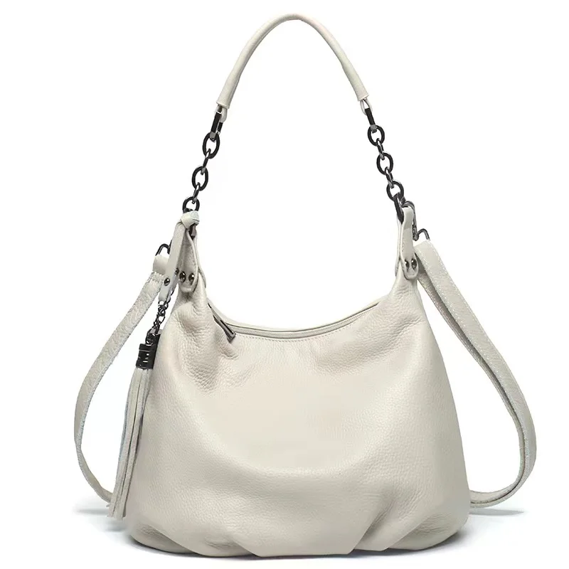 New Genuine Leather Women's Handbag Simple European and American Fashion Tote Bag White Single Shoulder Bag