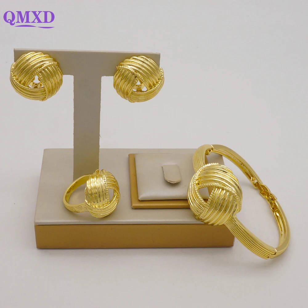 

Dubai 24K Gold Jewelry Set Drop Unique Earring Design Simple Bracelet Ring Earring Wedding Bridal Party Gift Jewellery