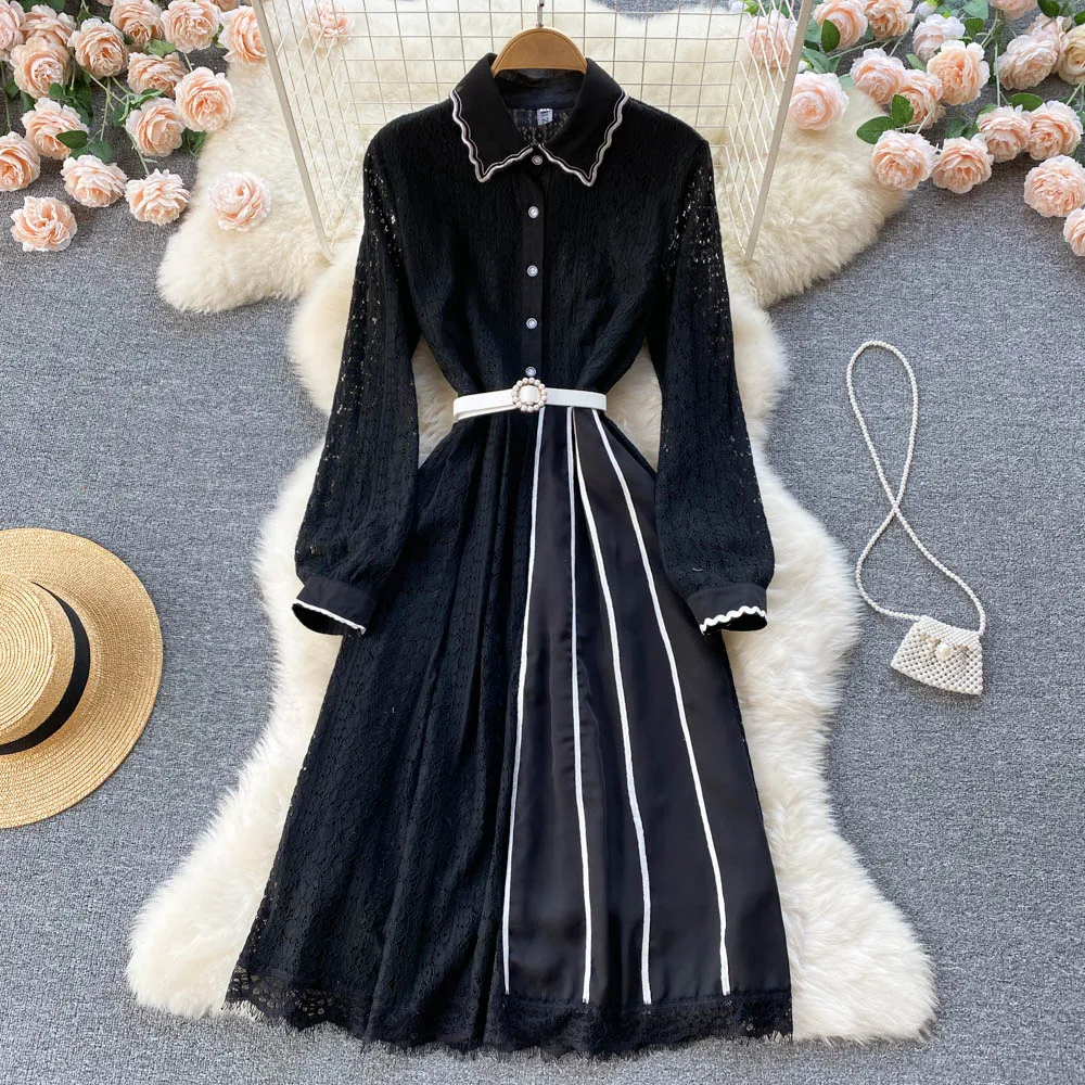 

Women Spring Autumn Mesh Lace Slim Long Sleeve Doll Collar Black Dress Elegant Party Clothes Vestidos D894