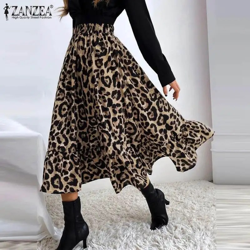 

ZANZEA Spring Women Elastic Waist Midi Skirt Holiday Faldas Saia Casual Vintage Ruffles Skirt Jupe Bohemian Leopard print Skirts