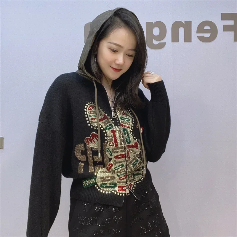 

Female Spring Autumn Short Cardigan Anime Sequins Slim Knitted Coat Hooded Casual Sweater Outfit Tops para mujer