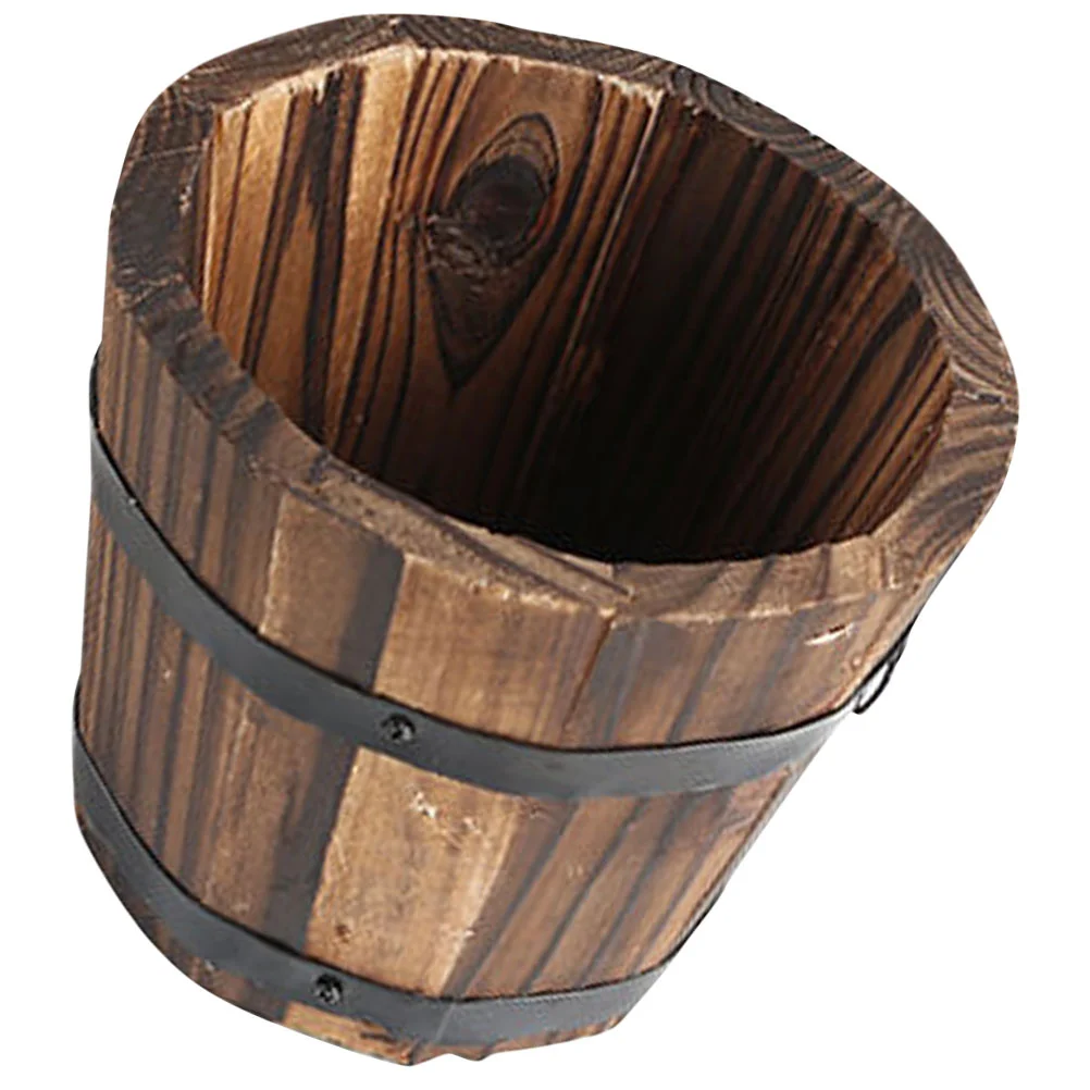 

Rustic Planter Decorative Flowerpot Outdoor Indoor Home Wood Barrel Handles Garden