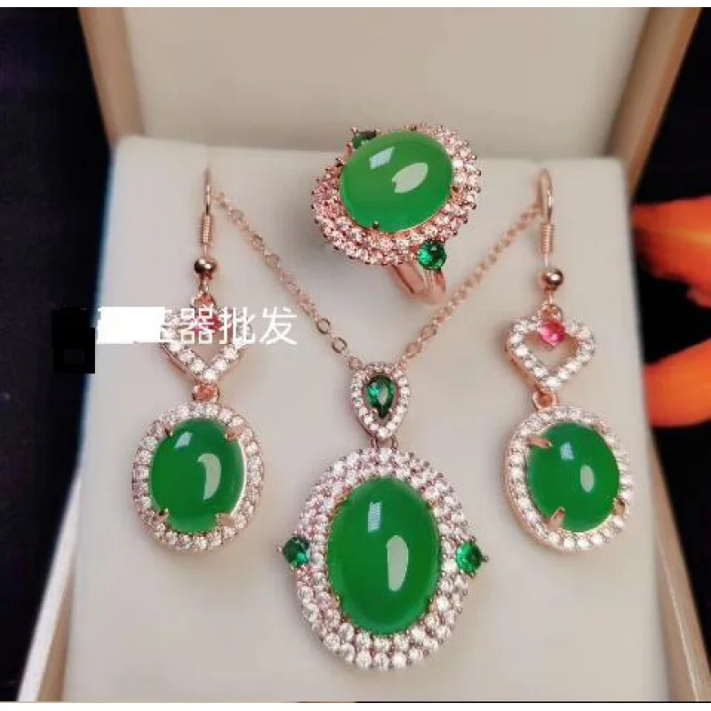 

red green pink white heart chalcedony agate jade green beans pendant earring ring set rhinestone Zircon crystal gem Jewellery