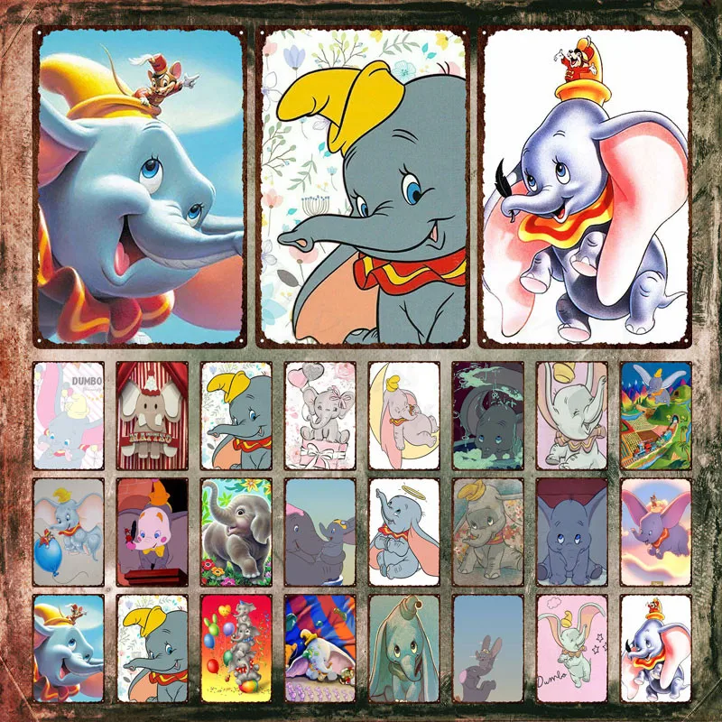 

Dumbo Disney Metal Signs Cartoon Cute Elephant Playing with Water Wall Stickers Decorative Tin Sign Plate for Kids Room Decor