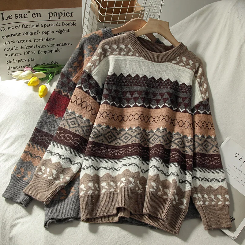 

Vintage Striped Pullover Sweaters Women Winter Long Sleeve Jumpers Sweater Loose Ladies Casual Knitwear Sweater Pull Femme