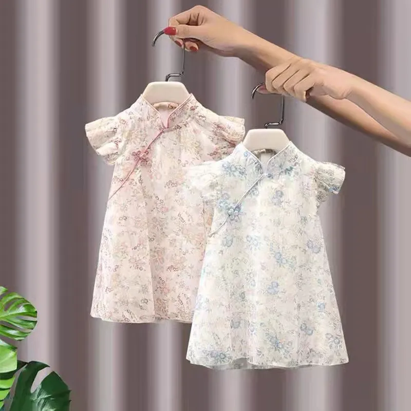 

New Children's Tang Suit Chinese Style Hanfu Summer Girls Cheongsam Dress Hanfu Little Girl Baby Short Sleeve Princess Dress