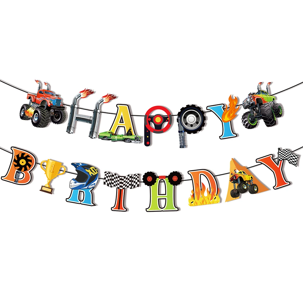 

Boys Cartoon Racing Monster Truck Car Game Birthday Party Wall Backdrops Hanging Letter Banner Bunting Baby Shower Party Decors